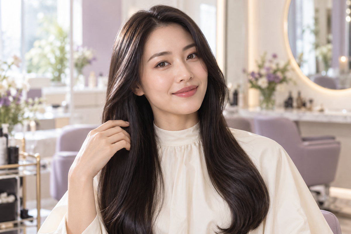 Woman with long glossy dark hair in a softly lit salon