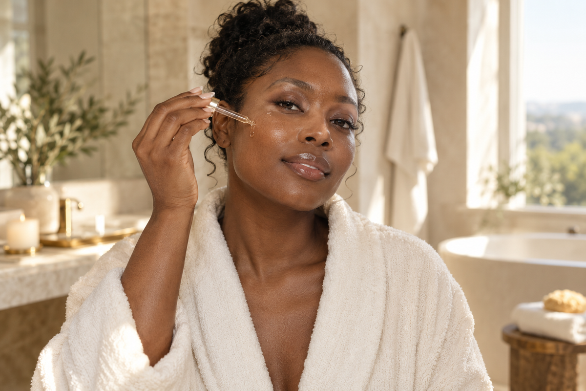 Woman applying facial serum in a softly lit spa